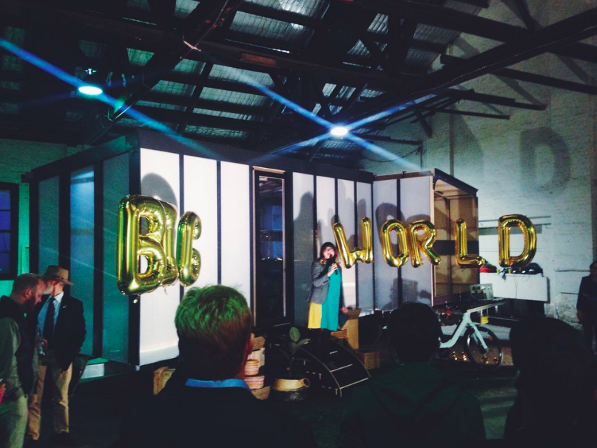 City of Sydney Councillor, Jess Scully opens the Big World Homes launch party. The tiny home behind her was built over the day by a handful of volunteers. Photo credit: Luschia Porter